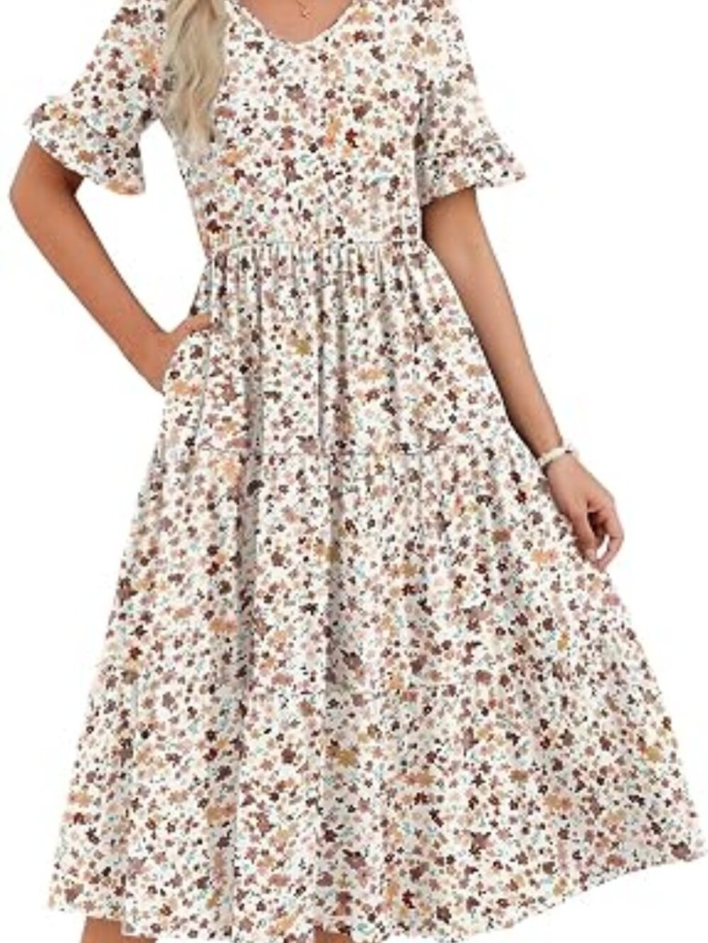 Women's Summer Dresses Midi Tiered Casual Dress Floral V Neck Ruffle Short Sleev - Picture 1 of 5